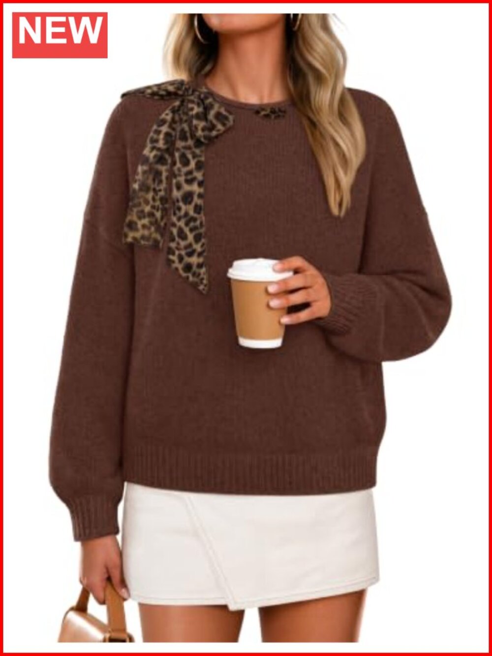 Oversized Bow Tie Leopard Print Knit Pullover Sweater Fall Winter